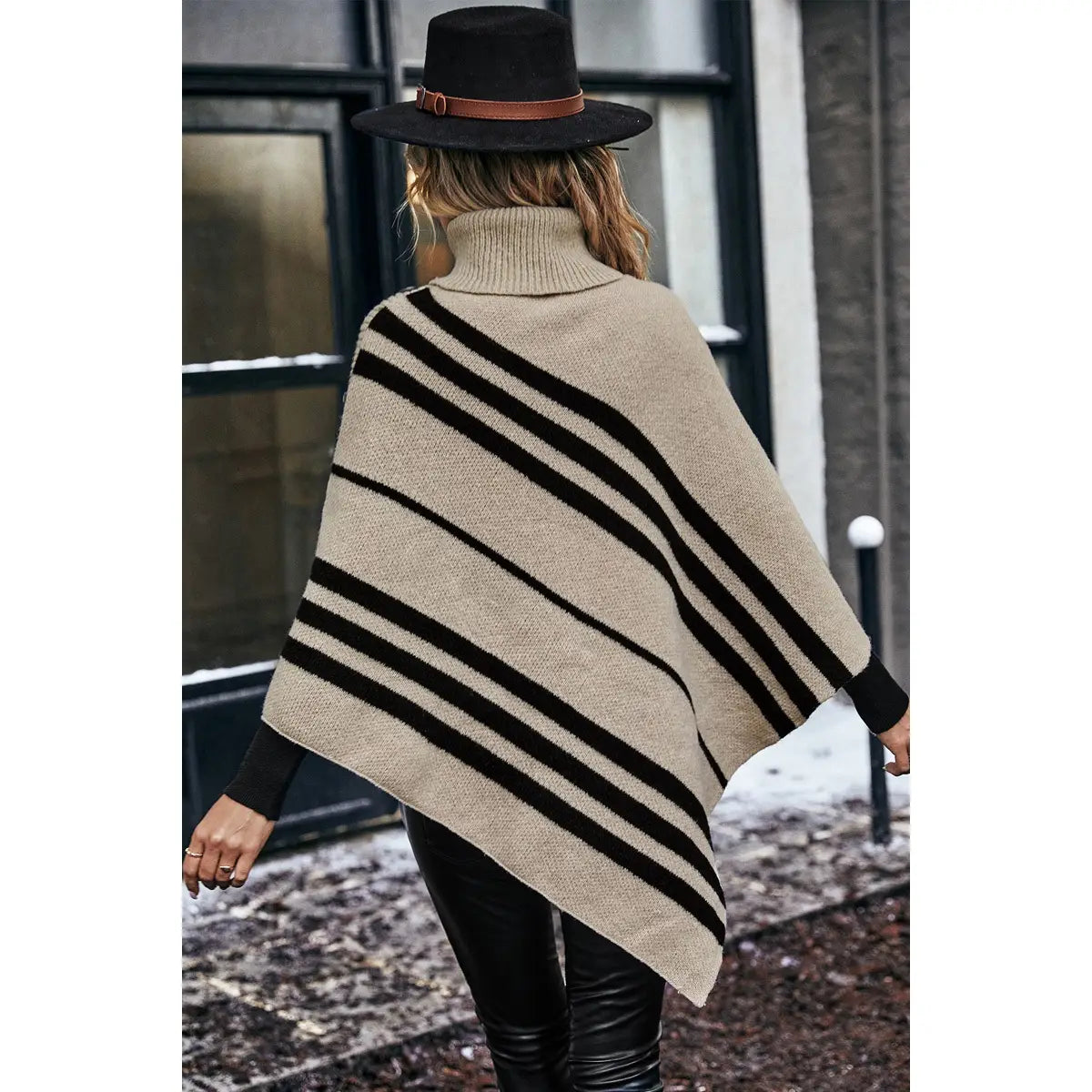 Striped High-Neck Knit Poncho