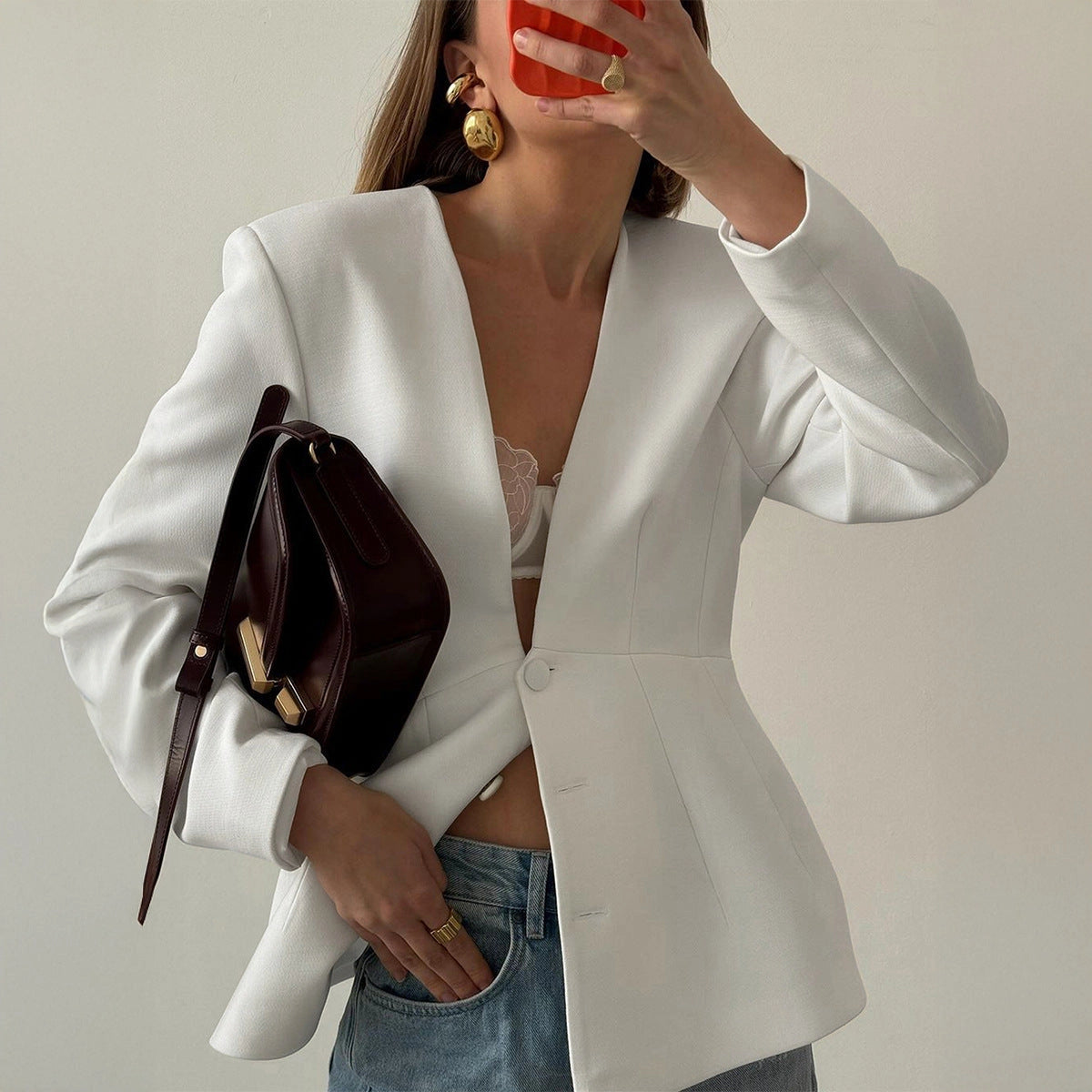 Women's Elegant V Neck Long Sleeve Blazer Jacket