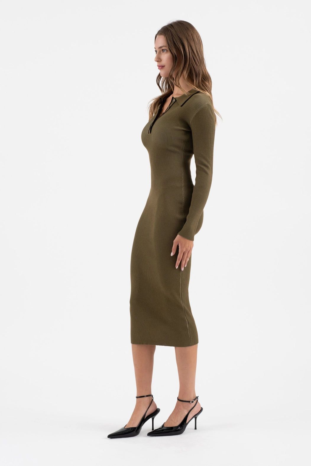 Contrast Trim Collared Button Front Midi Dress