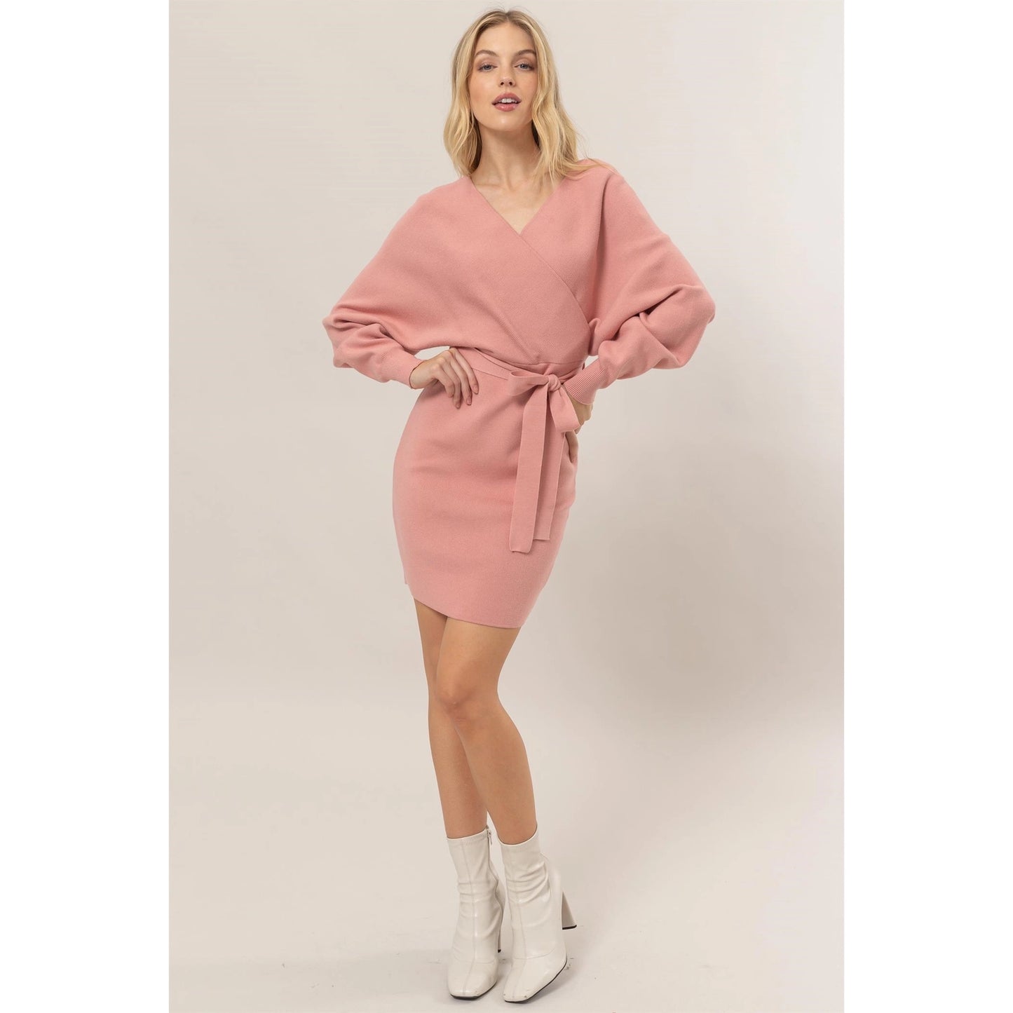 Knit Surplice Belted Mini Dress