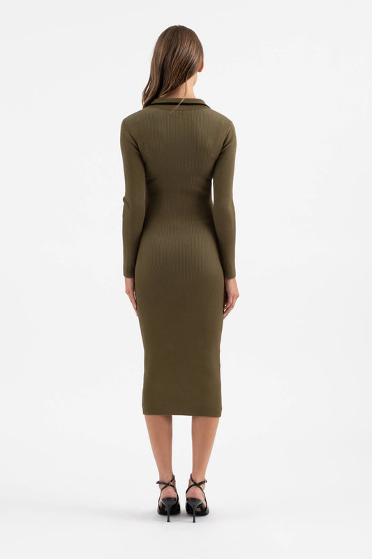 Contrast Trim Collared Button Front Midi Dress