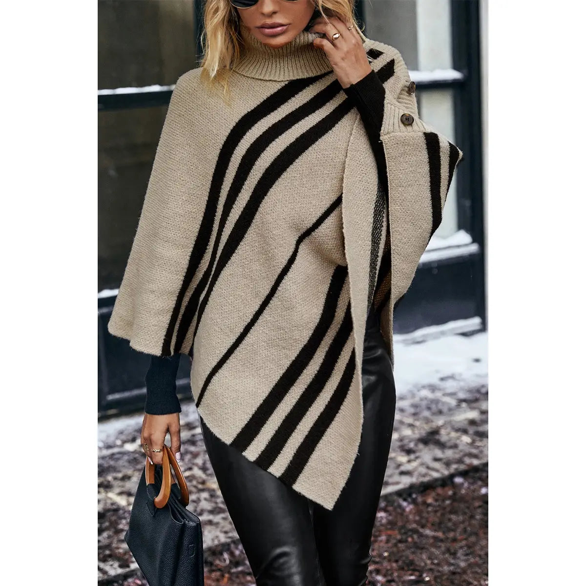 Striped High-Neck Knit Poncho