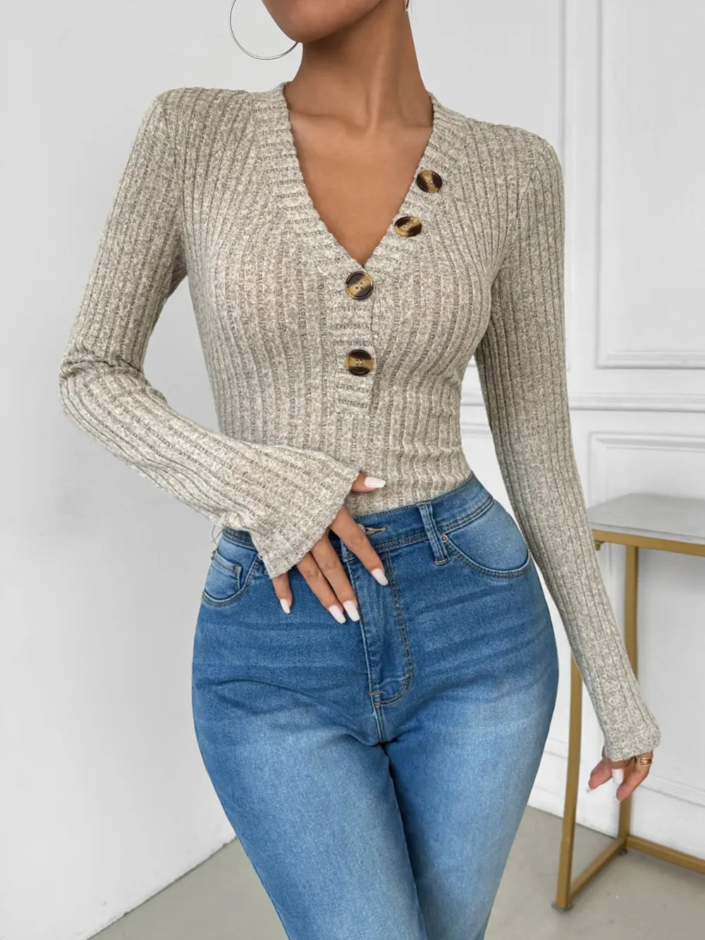 Ribbed Button-Up Bodysuit
