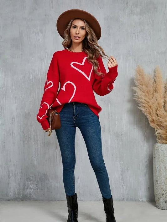 Heart Print Pullover Sweater-Knit Top