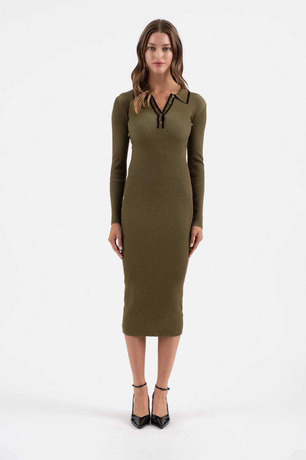 Contrast Trim Collared Button Front Midi Dress