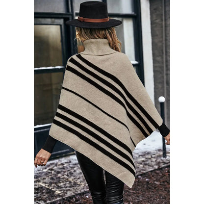 Striped High-Neck Knit Poncho