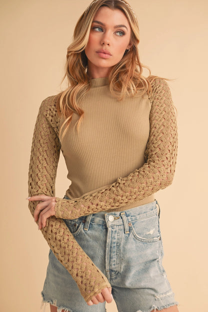 Crochet-Sleeve Ribbed Knit Top