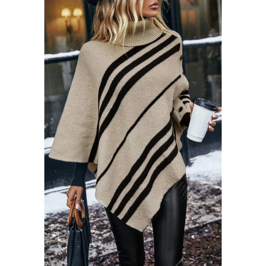 Striped High-Neck Knit Poncho