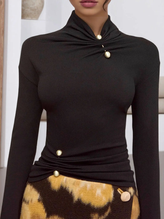 Luxe Drape Mock-Neck Top — Golden Button Detail