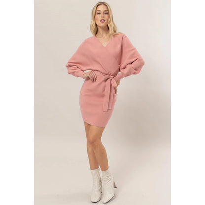 Knit Surplice Belted Mini Dress