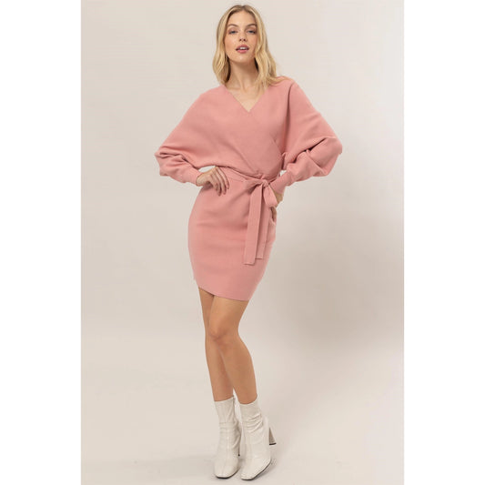 Knit Surplice Belted Mini Dress